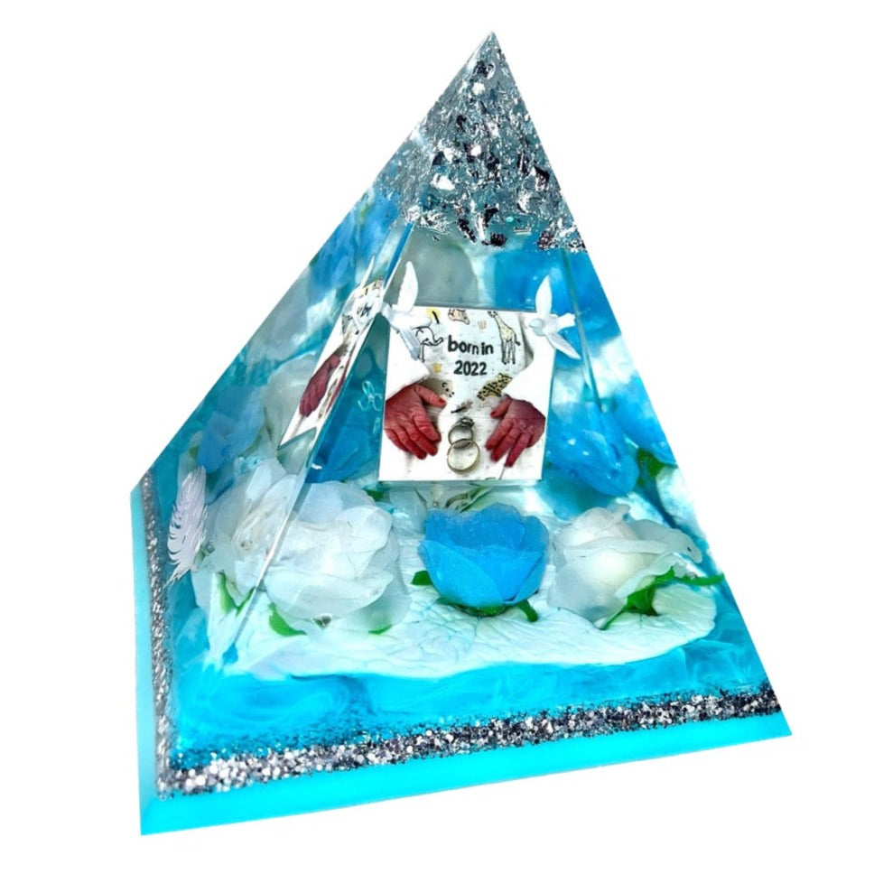 Memorial Blue and White Keepsake Pyramid with roses, birds and LED light option