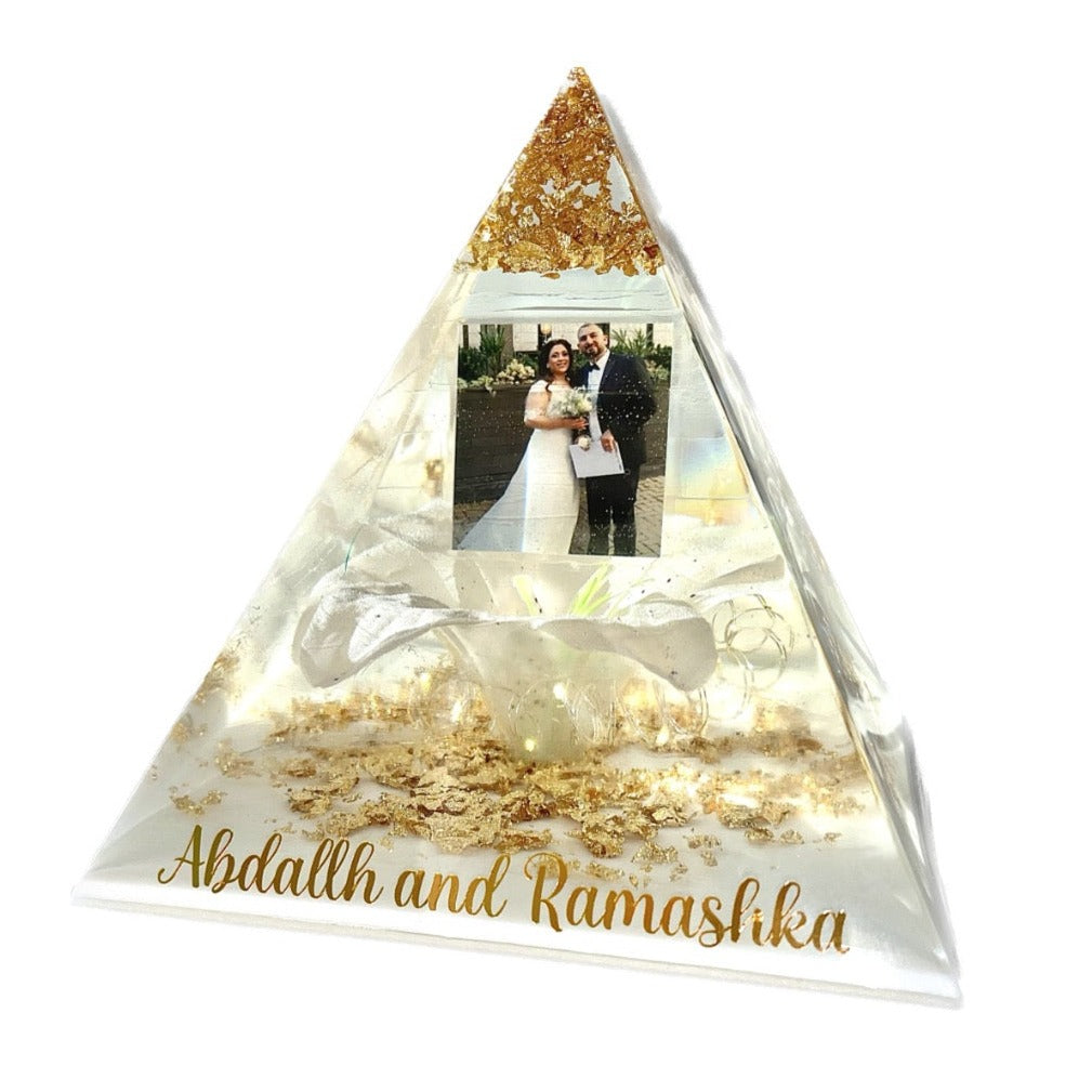 White and Gold Lily Memorial Pyramid Keepsake by ResinByEmilyGB, LED lights and Personalised Vinyl Decal