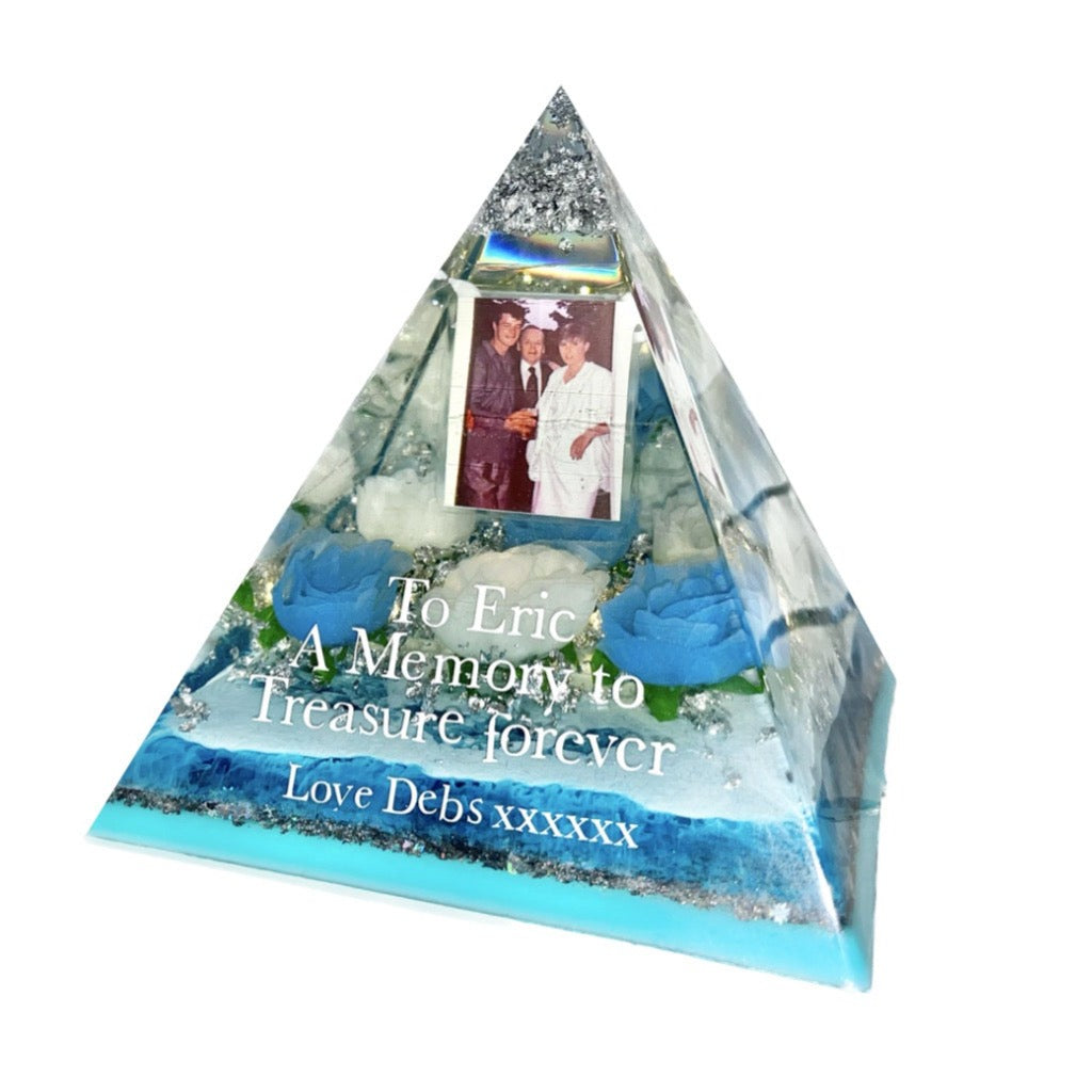 Memorial Blue and White Keepsake Pyramid with roses, birds and LED light option