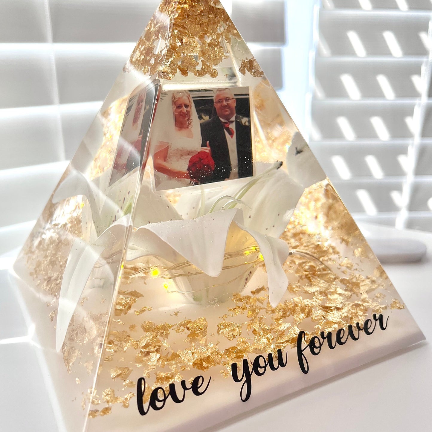 White and Gold Lily Memorial Pyramid Keepsake by ResinByEmilyGB, LED lights and Personalised Vinyl Decal