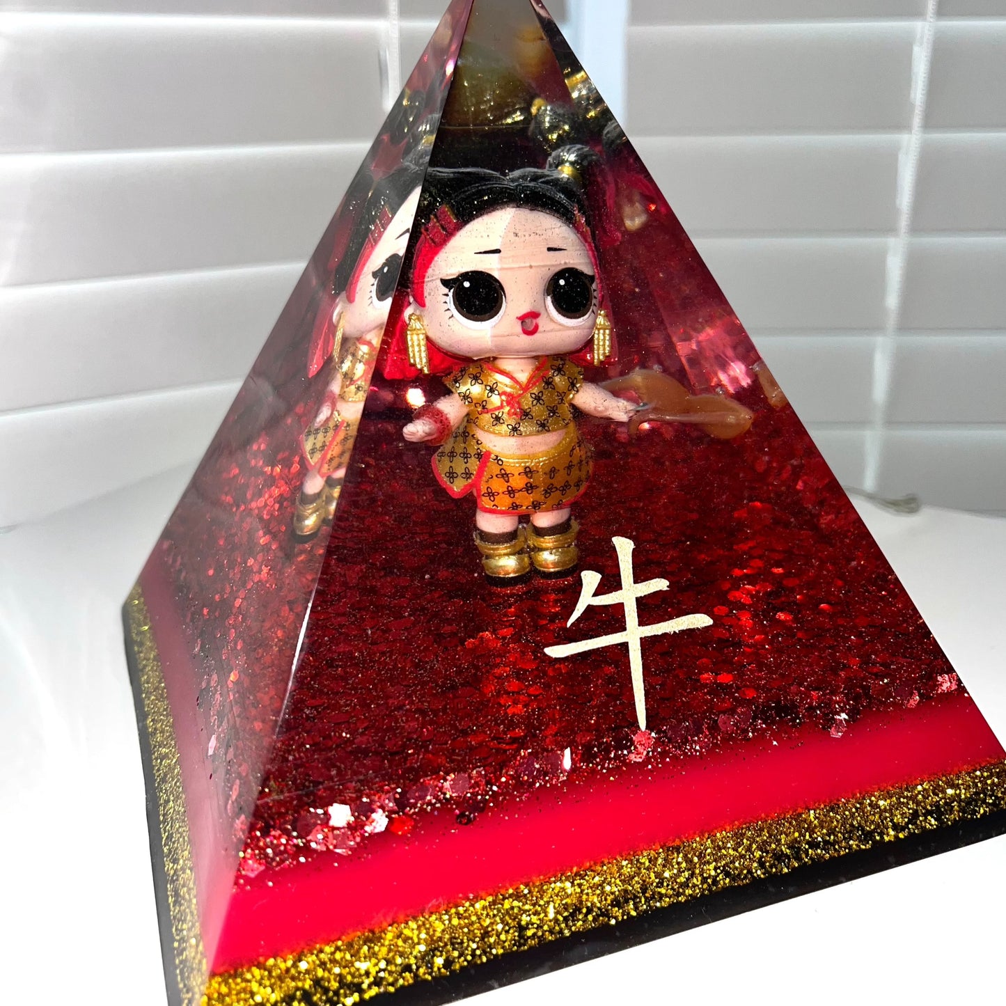 Limited Edition Epoxy Resin Pyramid Chinese Year of the Ox Doll Bespoke Vinyl Decal