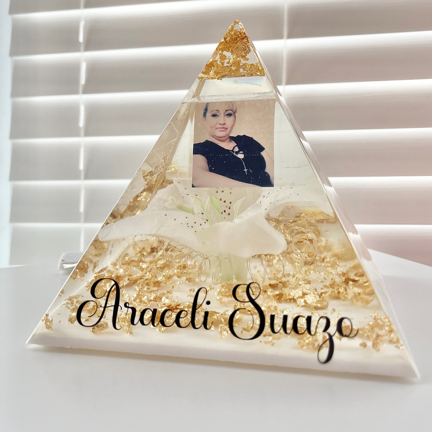 White and Gold Lily Memorial Pyramid Keepsake by ResinByEmilyGB, LED lights and Personalised Vinyl Decal