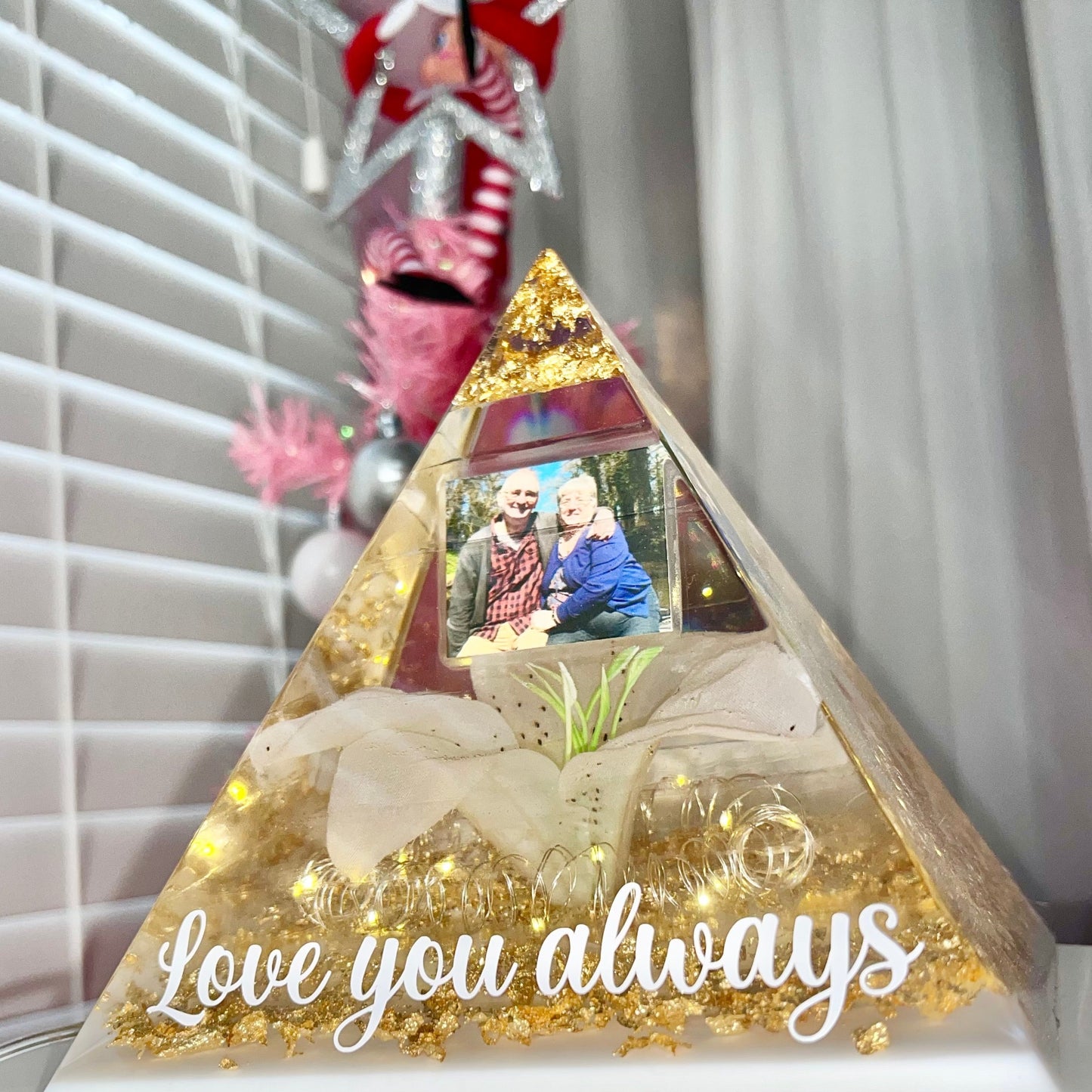 White and Gold Lily Memorial Pyramid Keepsake by ResinByEmilyGB, LED lights and Personalised Vinyl Decal