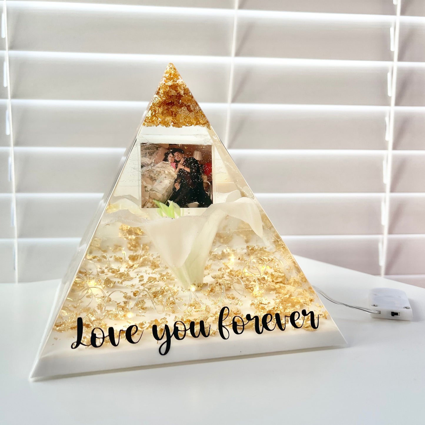 White and Gold Lily Memorial Pyramid Keepsake by ResinByEmilyGB, LED lights and Personalised Vinyl Decal