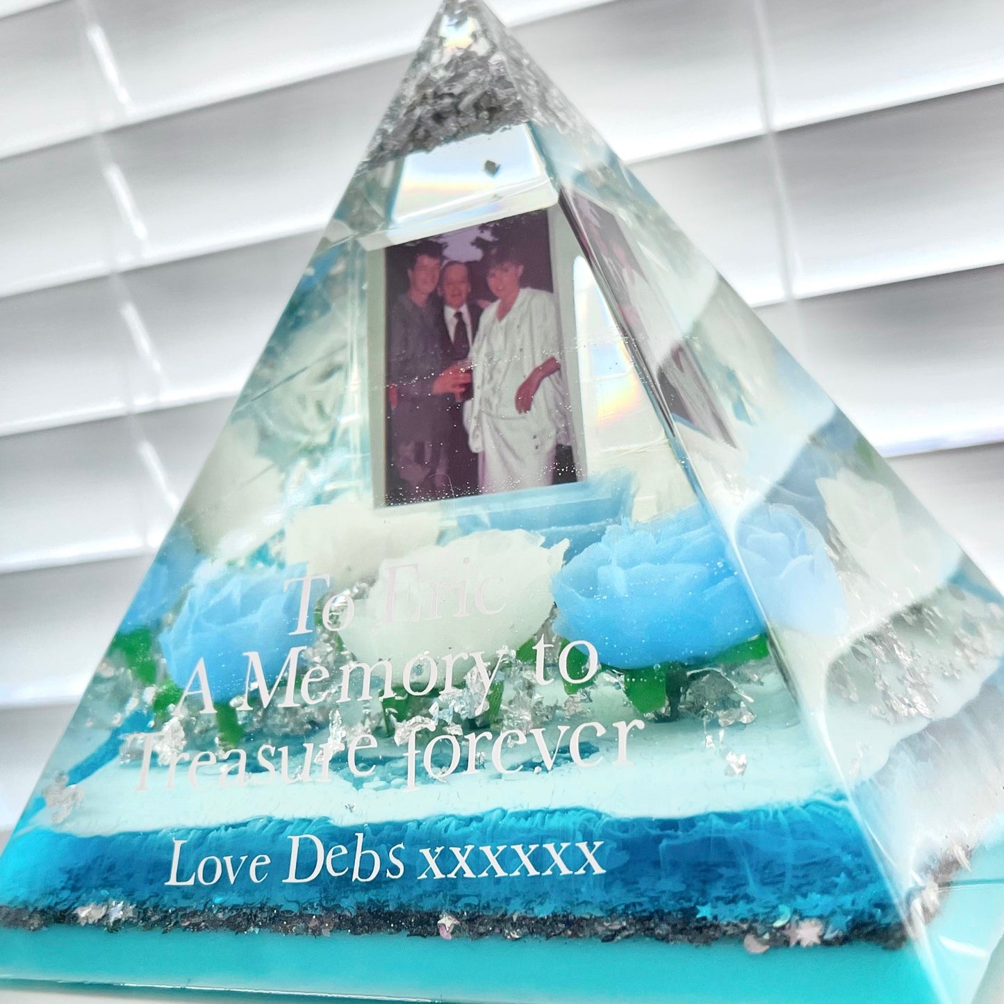 Memorial Blue and White Keepsake Pyramid with roses, birds and LED light option