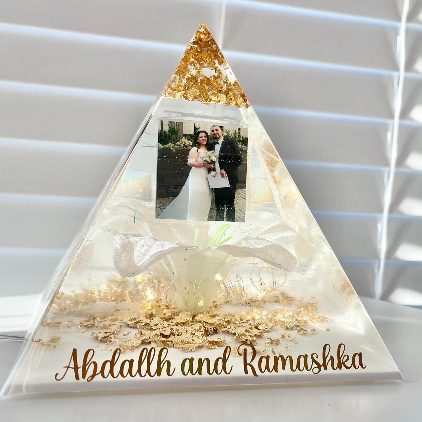 White and Gold Lily Memorial Pyramid Keepsake by ResinByEmilyGB, LED lights and Personalised Vinyl Decal