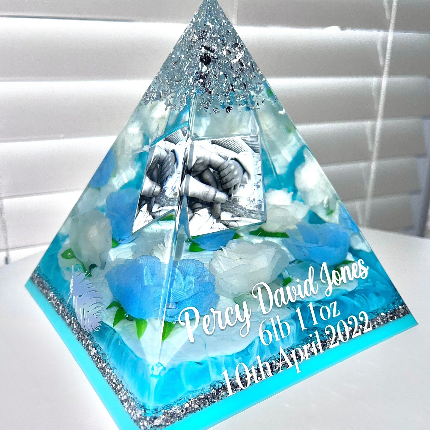 Memorial Blue and White Keepsake Pyramid with roses, birds and LED light option