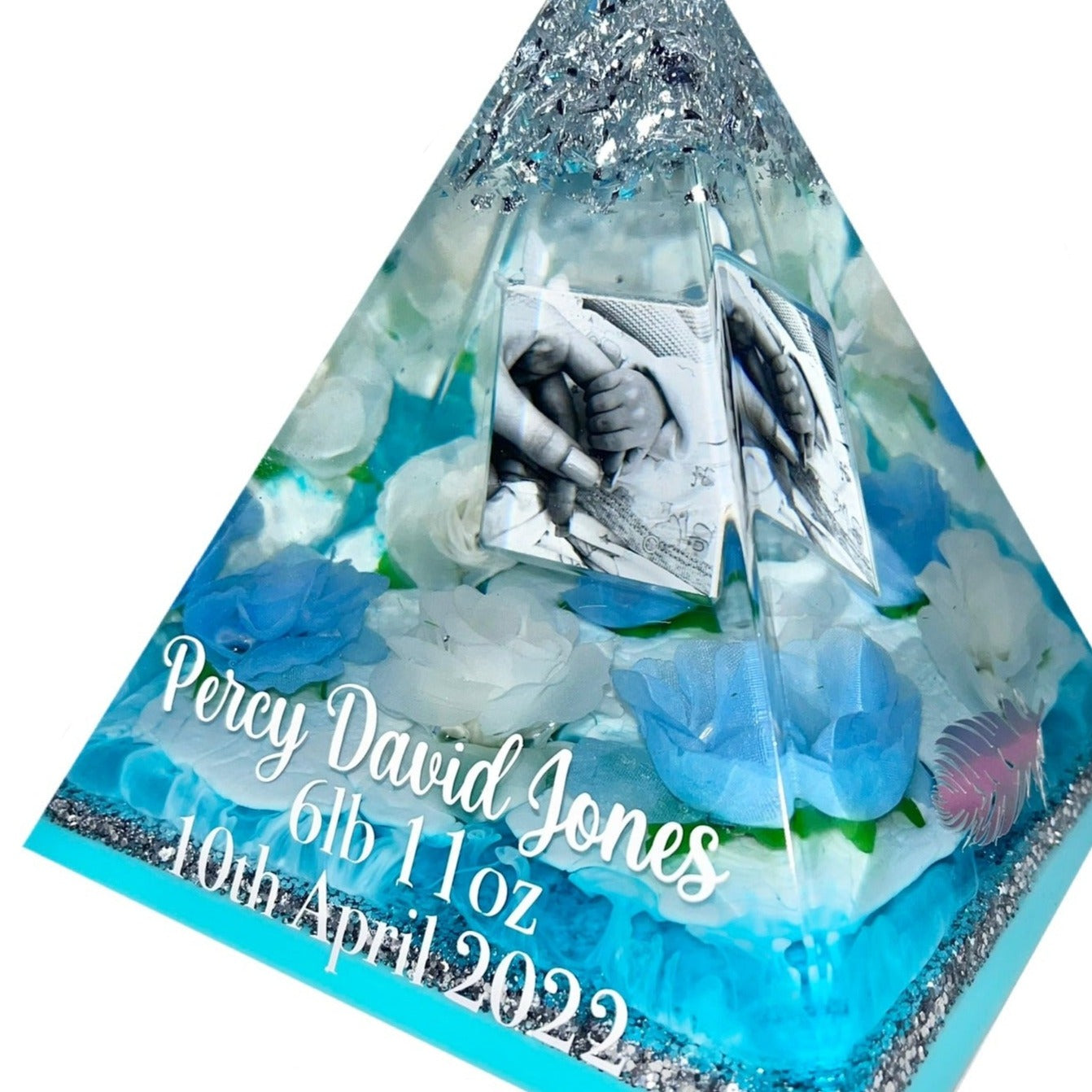 Memorial Blue and White Keepsake Pyramid with roses, birds and LED light option