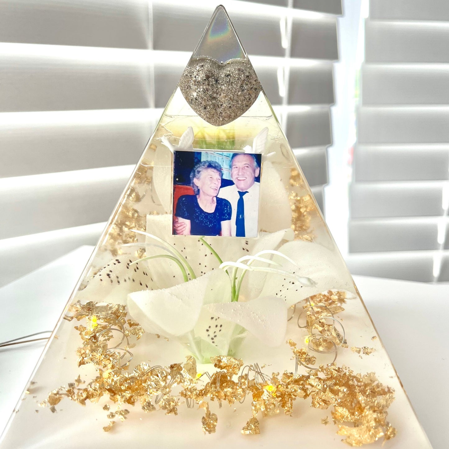 White and Gold Lily Memorial Pyramid Keepsake by ResinByEmilyGB, LED lights and Personalised Vinyl Decal