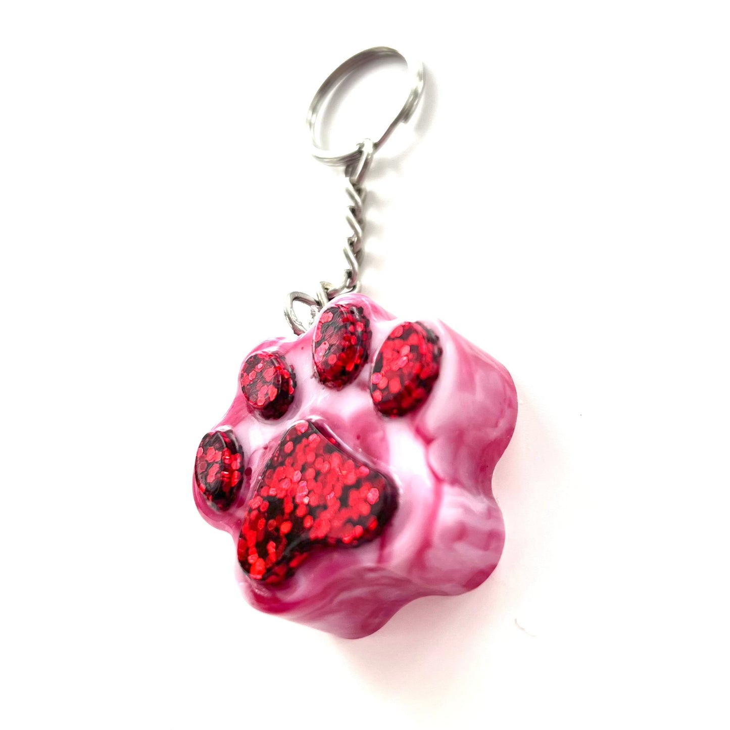 Red and Pink Marble or Opaque Pawprint Glitter Keychains • x2 Colour Options