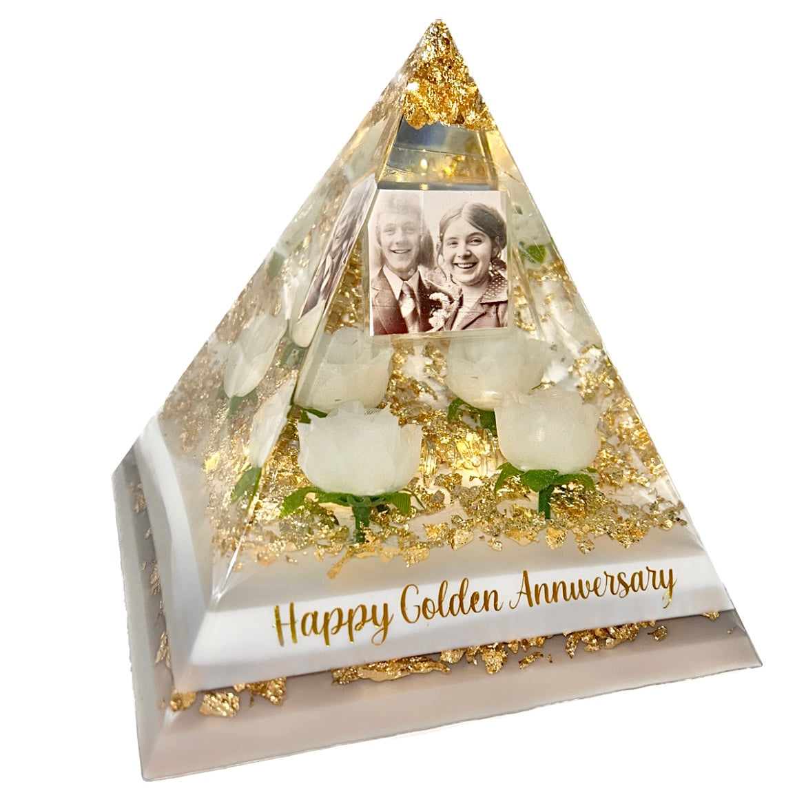 White and Gold Rose Epoxy Pyramid • Neutral tones, Gold, White & Nude • Optional LED Lights / Ashes / Vinyl Decals