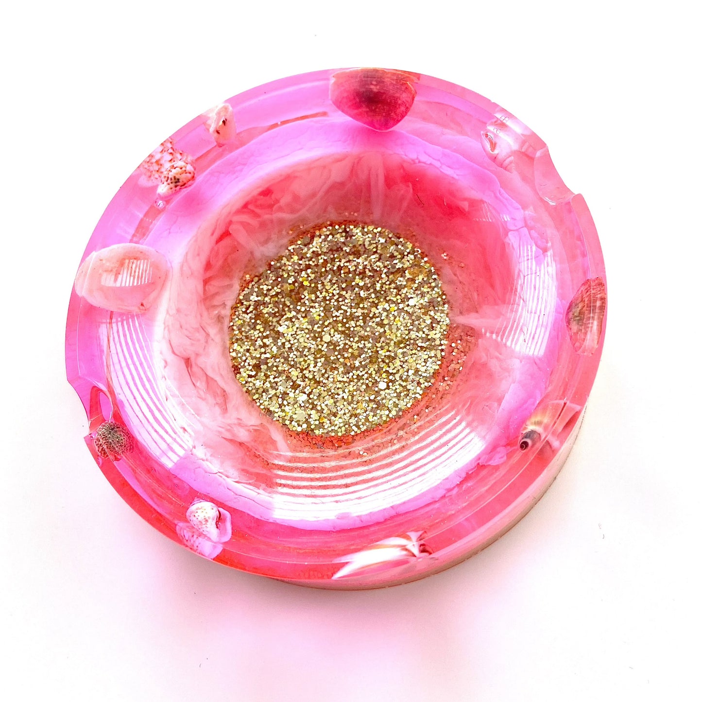 Bright Pink Beach Ashtray with Shells and Glitter