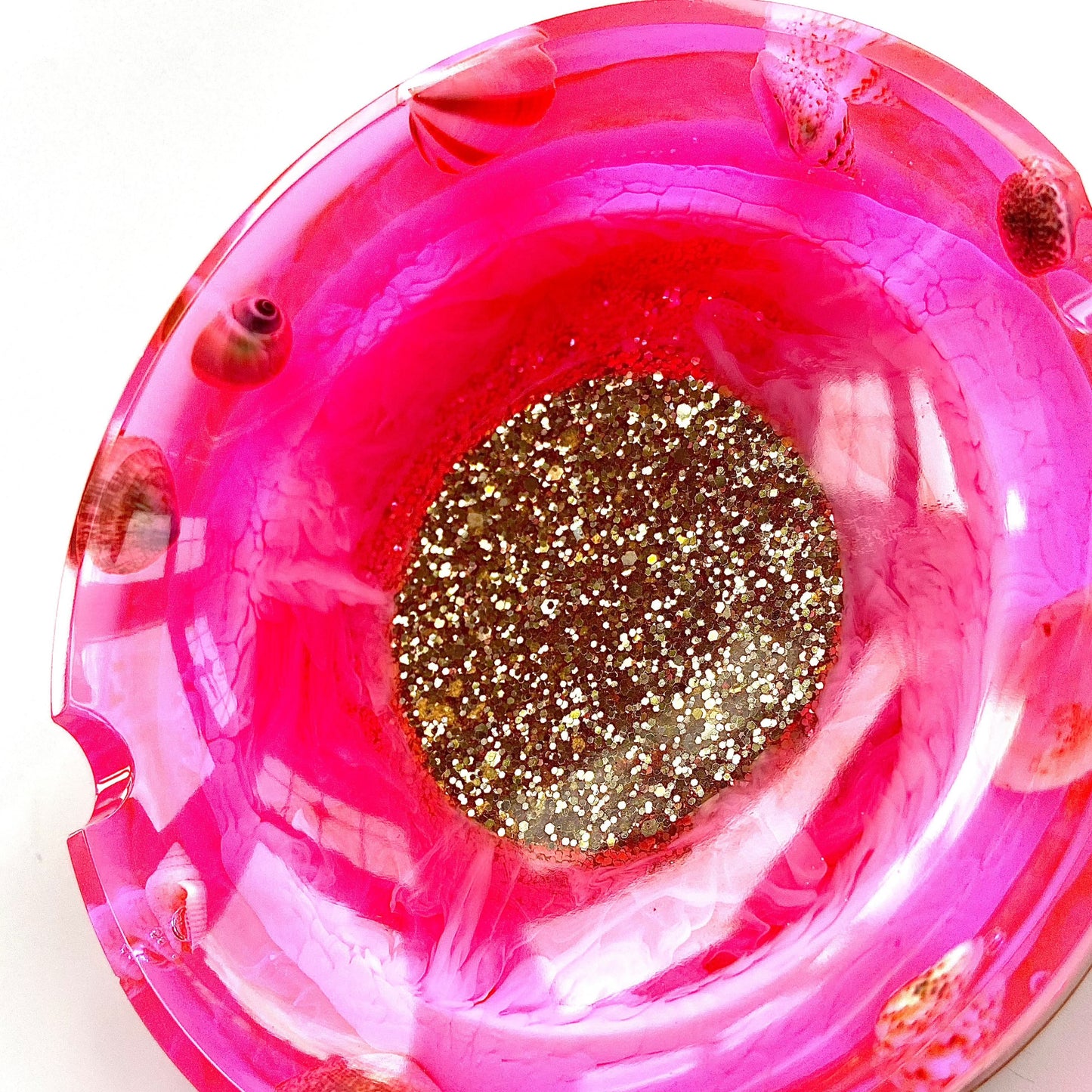 Bright Pink Beach Ashtray with Shells and Glitter