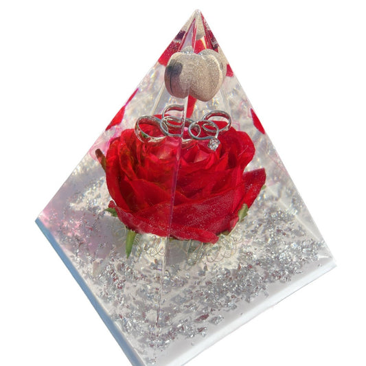 Red Rose Epoxy Pyramid with Silver Leaf and White • Option to add Ashes, Rings, Hair and LED Lights