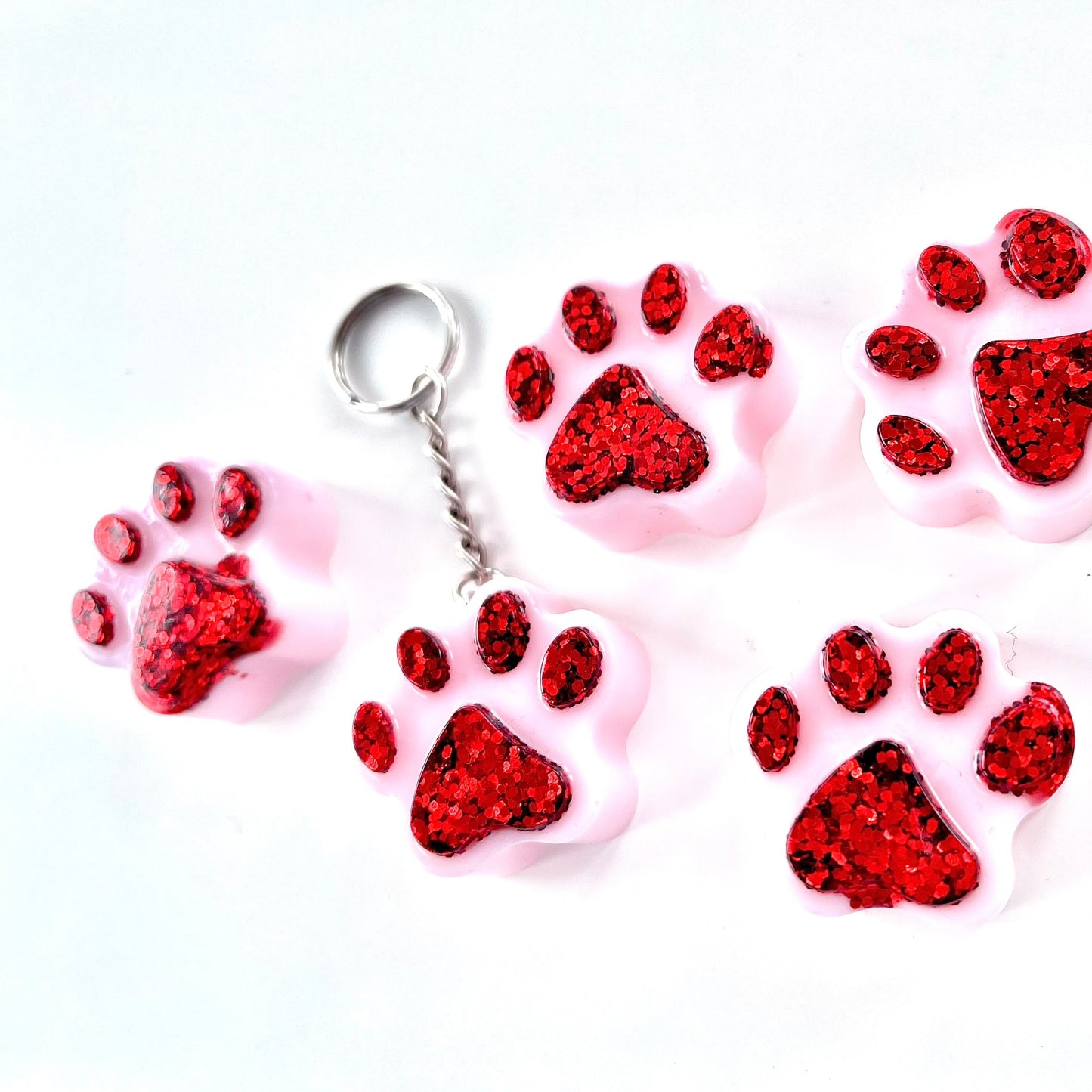 Red and Pink Marble or Opaque Pawprint Glitter Keychains • x2 Colour Options