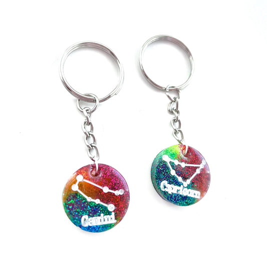 Rainbow Glitter Zodiac Keychains • Silver Chain, White Detailing