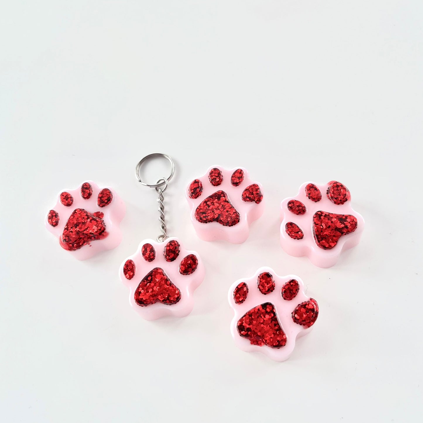 Red and Pink Marble or Opaque Pawprint Glitter Keychains • x2 Colour Options