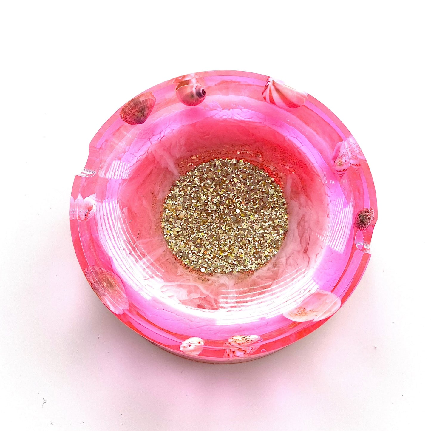 Bright Pink Beach Ashtray with Shells and Glitter