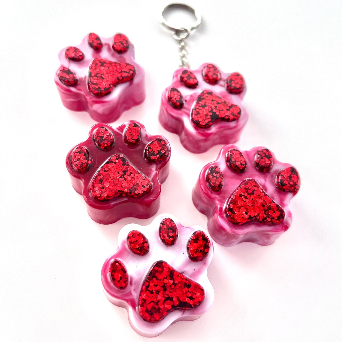 Red and Pink Marble or Opaque Pawprint Glitter Keychains • x2 Colour Options