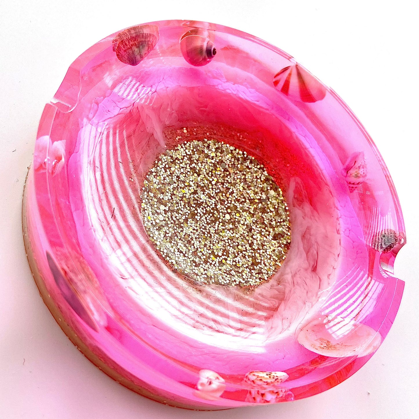 Bright Pink Beach Ashtray with Shells and Glitter