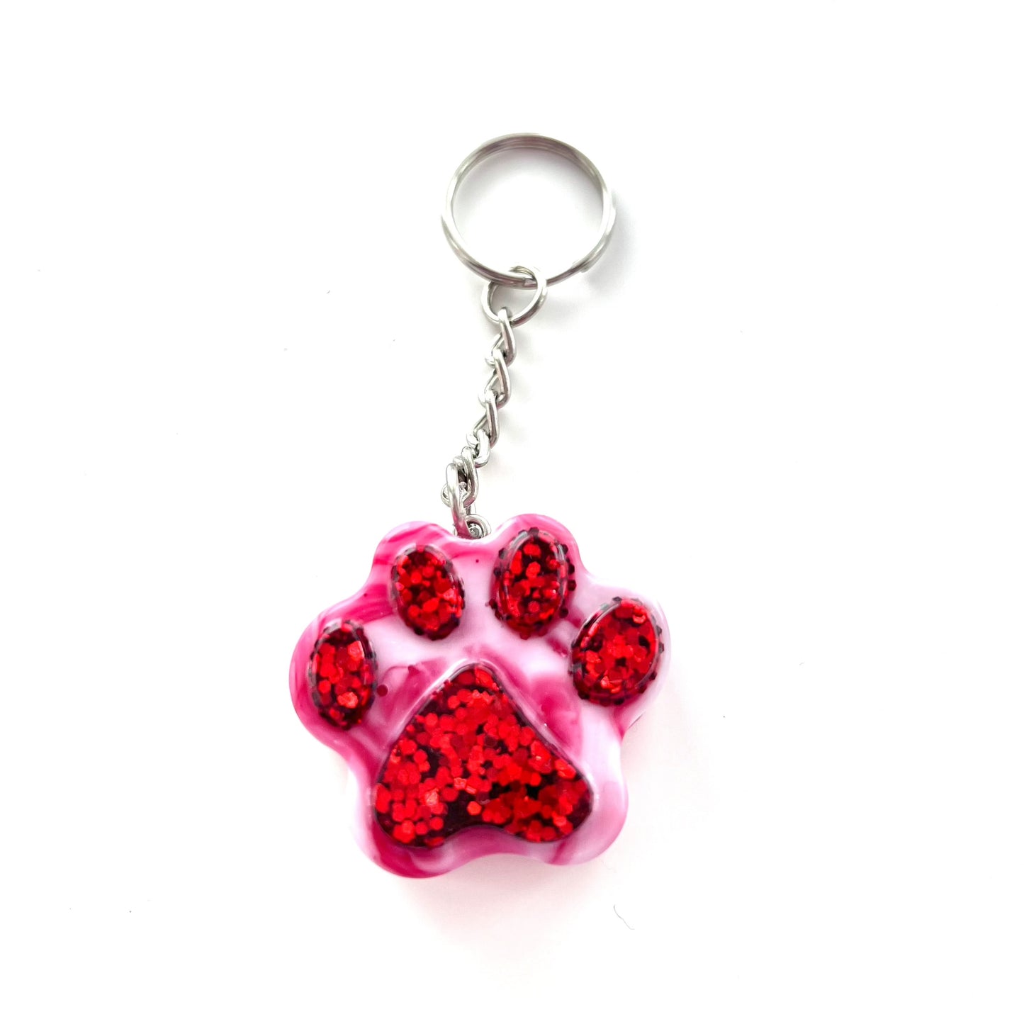 Red and Pink Marble or Opaque Pawprint Glitter Keychains • x2 Colour Options