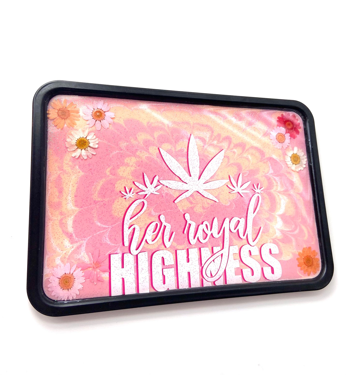 Handmade Epoxy Resin Rolling Tray XL • Peach Pink Floral Tie Dye Spiral effect “Her royal highness”